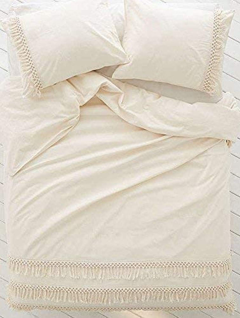 White Duvet Cover Fringed Cotton - Twin, Queen, King Sizes