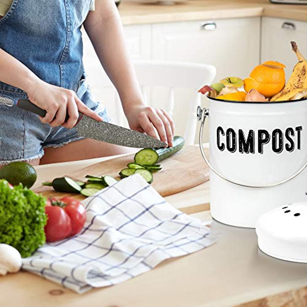Stylish Farmhouse Kitchen Compost Bin - 100% Rust Proof w/Non Smell Filters - Easy Clean 1.3 Gallon Container Looks Fabulous on Your Kitchen Countertop