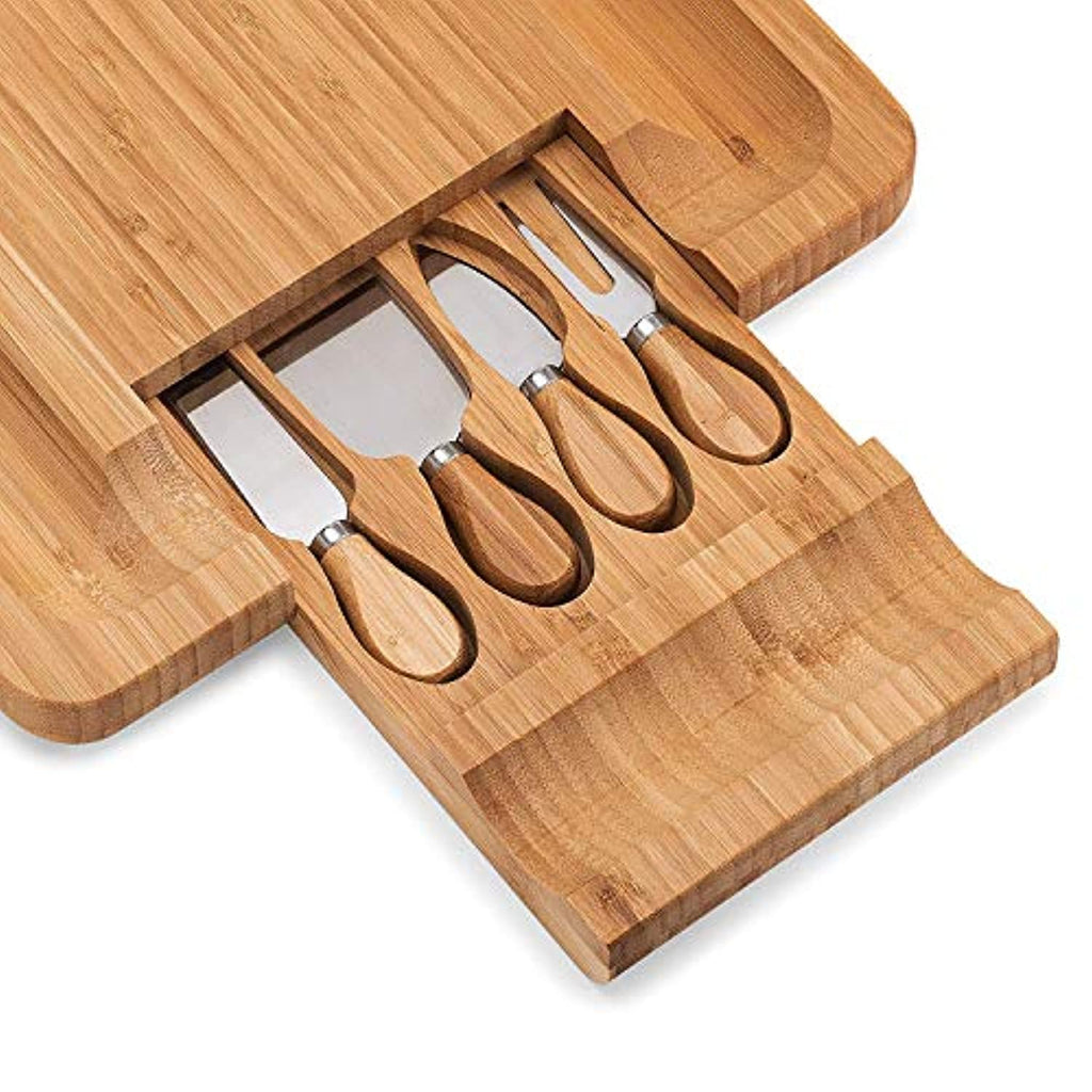 Bamboo Cheese Board Set with Cutlery in Slide-Out Drawer Including 4 Stainless Steel Serving Utensils - Perfect Charcuterie Board and Serving Tray for Entertaining or Gift Giving