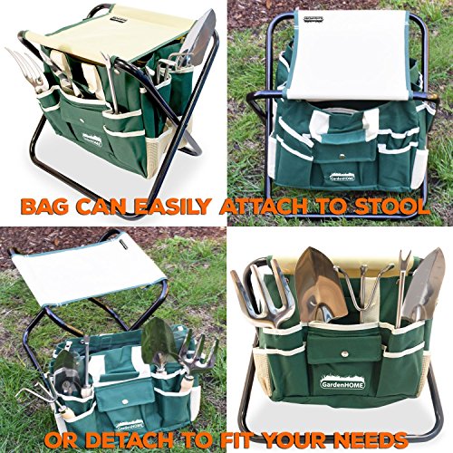 Folding Stool with Tool Bag and 5 Garden Tool Set