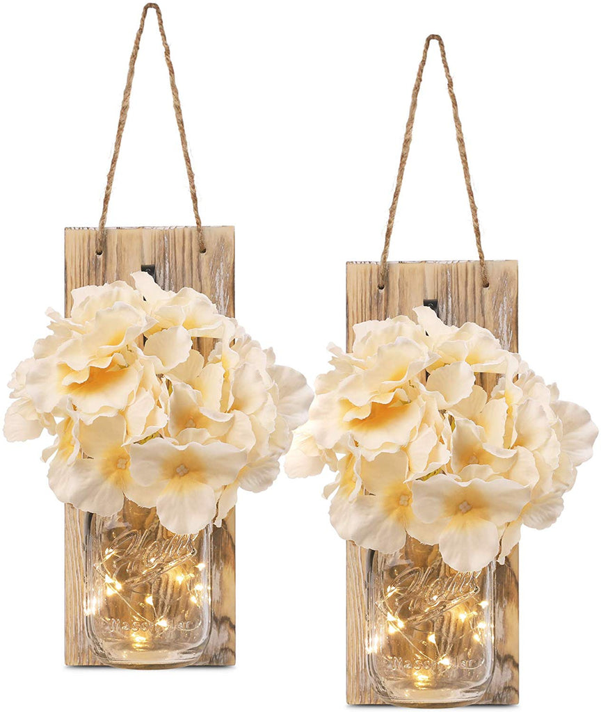 Decorative Mason Jar Wall Decor - with 6-Hour Timer LED Fairy Lights and Flowers - (Set of 2)