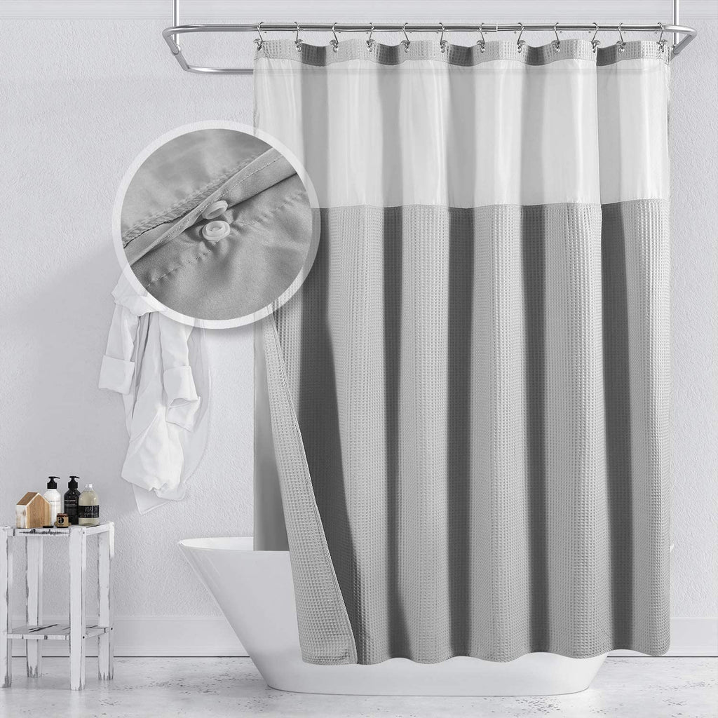 Barossa Design Hotel Style Cotton Shower Curtain with Snap-in Fabric Liner, Mesh Window Top, Honeycomb Waffle Weave Cotton Blend Fabric, Washable, White, 71x72 Inches