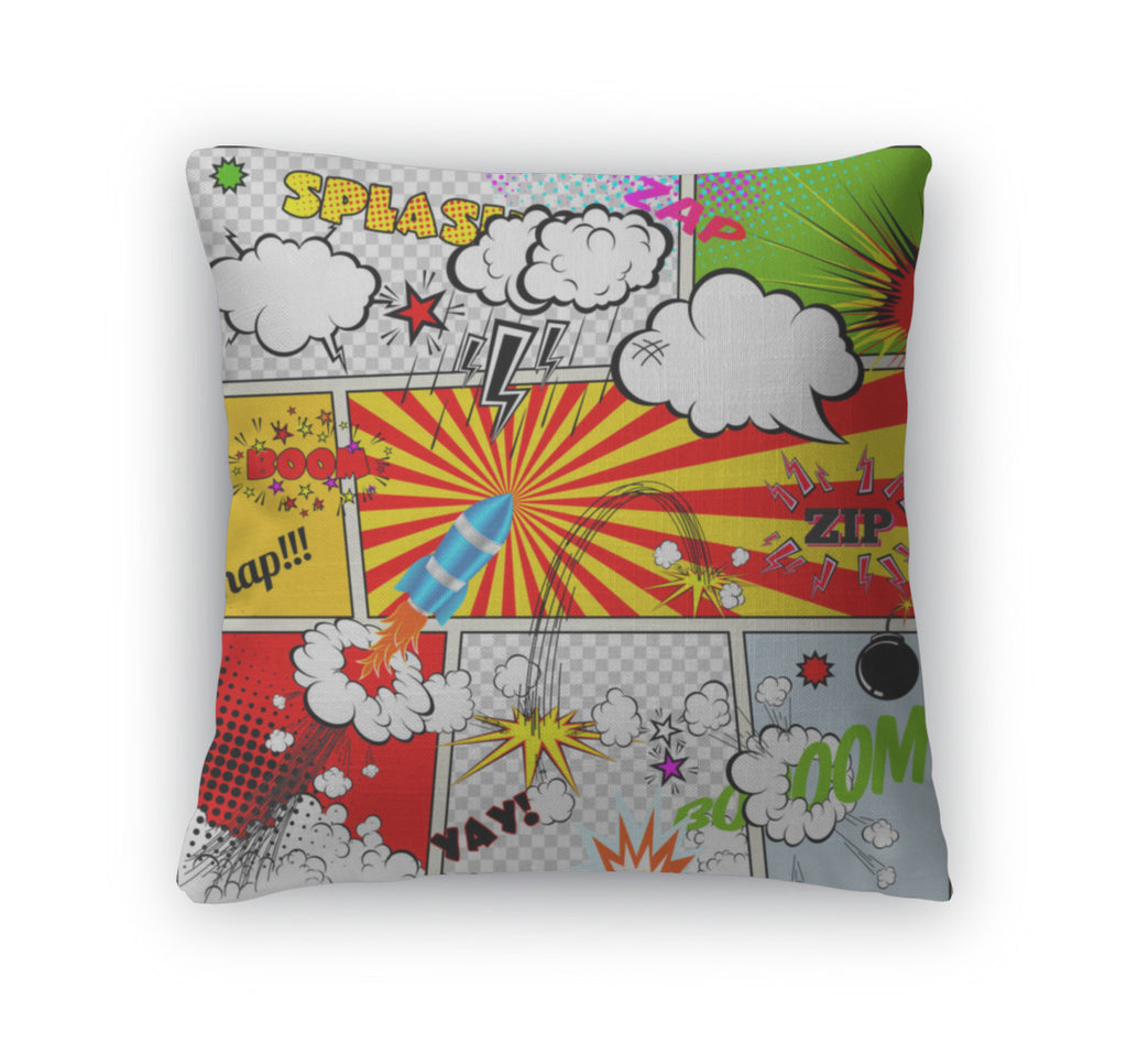 Throw Pillow, Set Of Retro Comic Book Design Elements Speech And Thought Bubbles