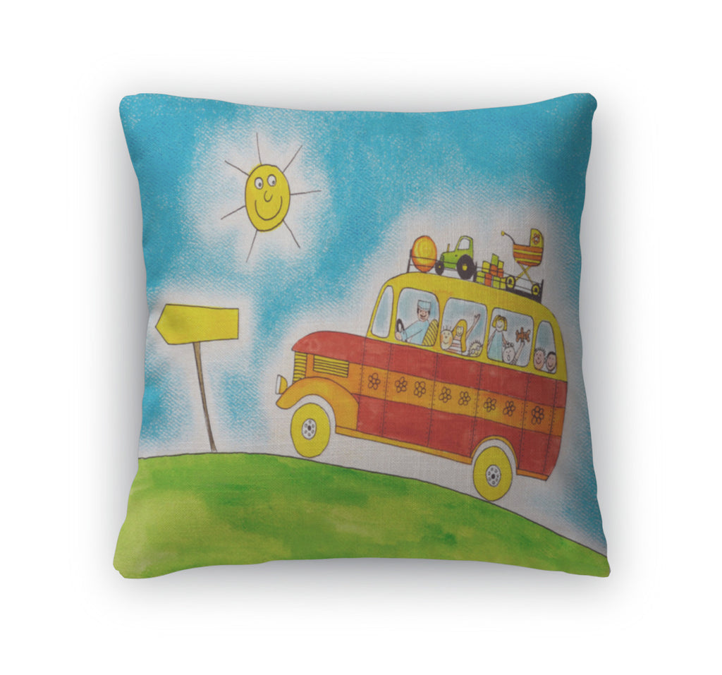 Throw Pillow, School Bus Trip Childs Drawing Watercolor Painting On Paper
