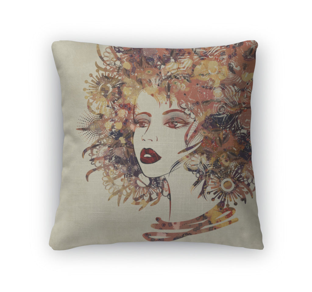 Throw Pillow, Art Colorful Sketched Beautiful Girl Face In Profile