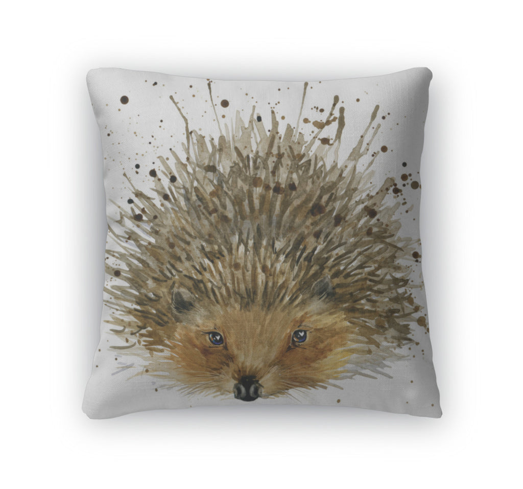 Throw Pillow, Hedgehog Illustration With Splash Watercolor D