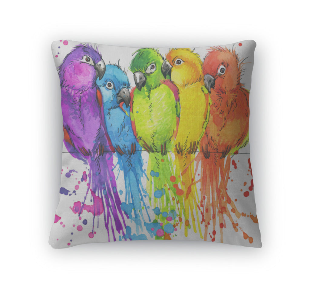 Throw Pillow, Tshirt Graphics Colorful Parrots Illustration Watercolor
