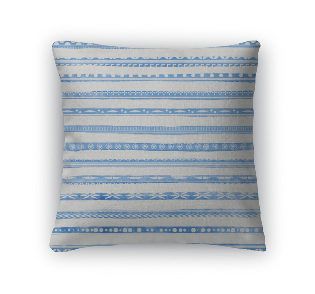 Throw Pillow, Striped Light Blue Watercolor With Ethnic Ornaments