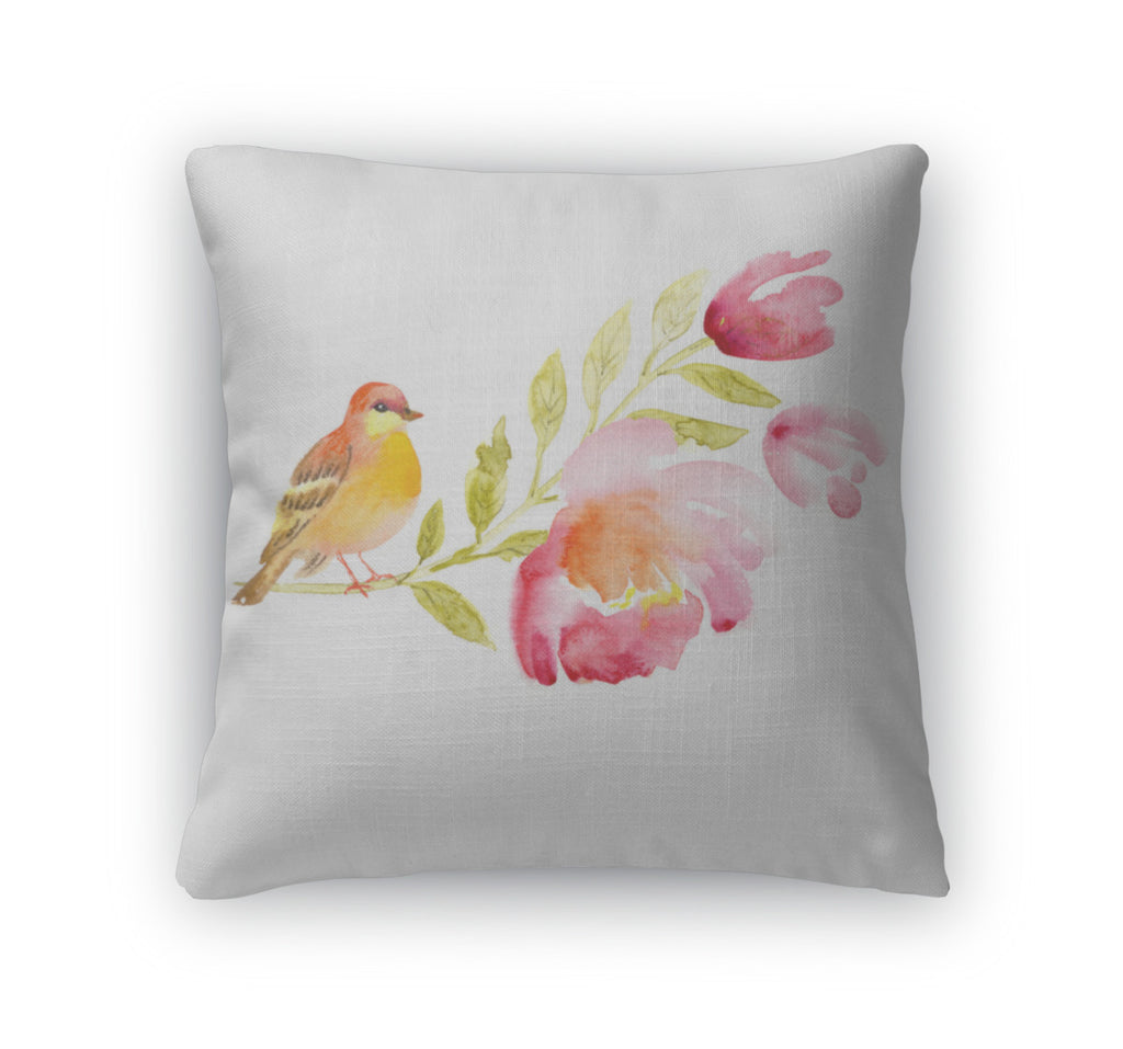 Throw Pillow, Watercolor With Bird And Beautiful Flowers