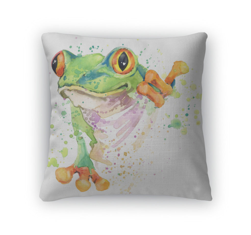 Throw Pillow, Funny Frog Tshirt Graphics Frog Illustration With Splash Watercolor D Unusual