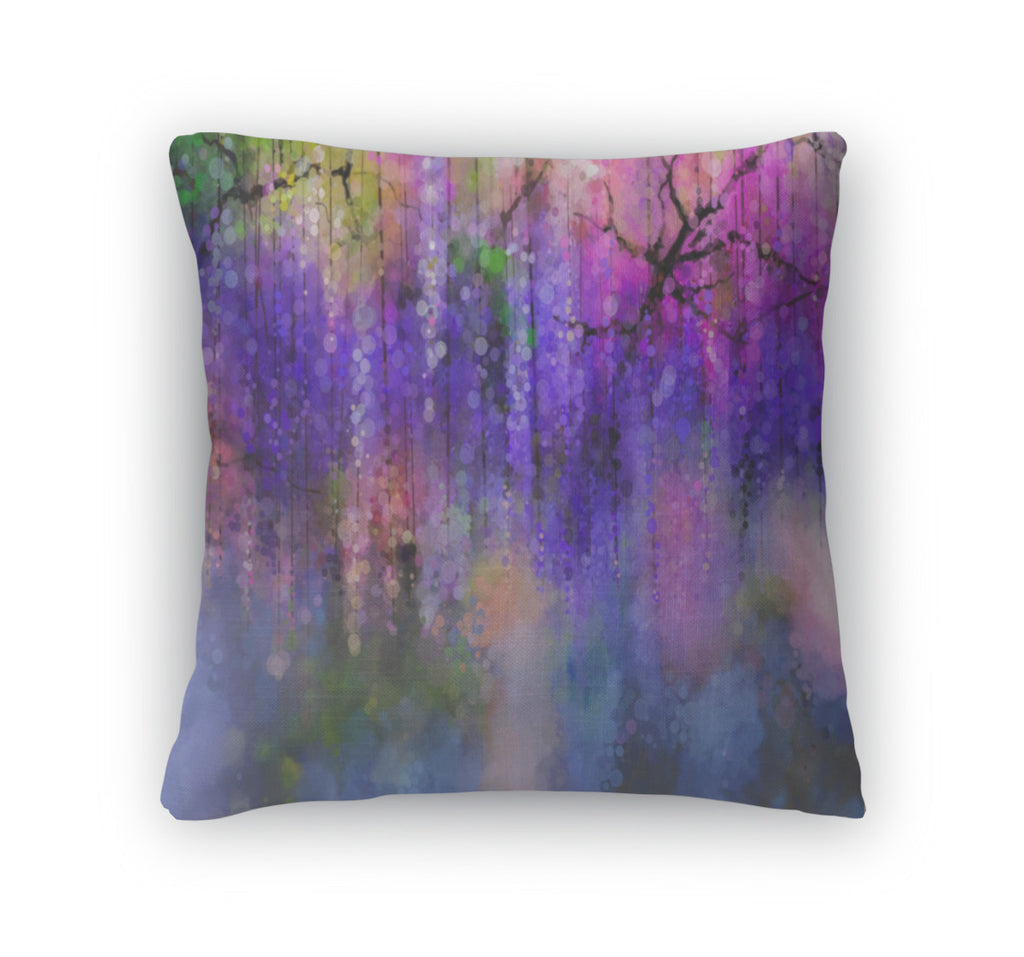 Throw Pillow, Abstract Violet Red And Yellow Color Flowers Watercolor Painting Spring Purple