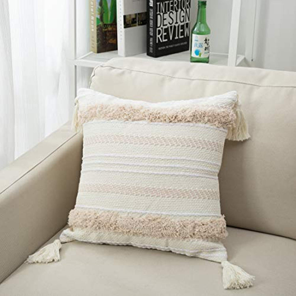 Boho Neutral Woven Tufted Fringed Pillow Cover