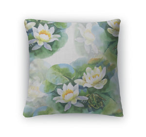 Throw Pillow, White Waterlilly Flowers Pattern