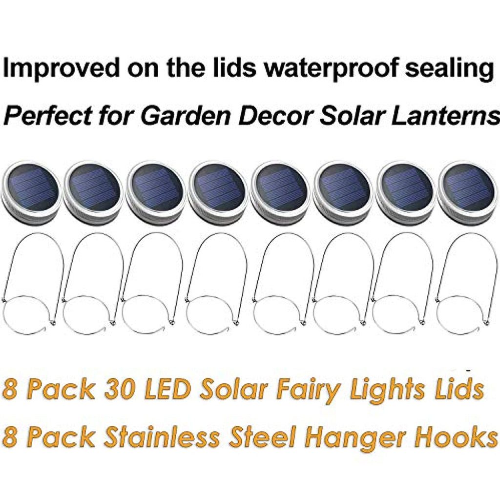 Mason Jar Solar Lantern Lights, 8 Pack 30 LED Bulbs Fairy Star Firefly Solar Lids Jar Lights,8 Hangers Included(No Jars)