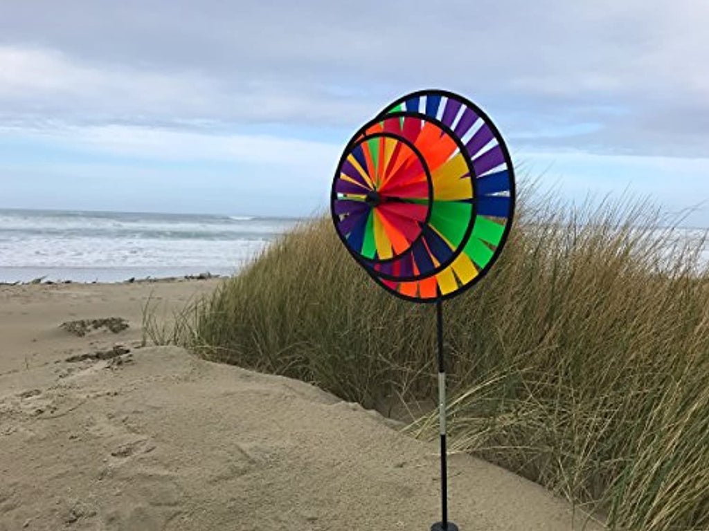 Rainbow Triple Wheel 13 or 14 inch Spinner- Ground Stake Included - Colorful Wind Spinner for your Yard and Garden