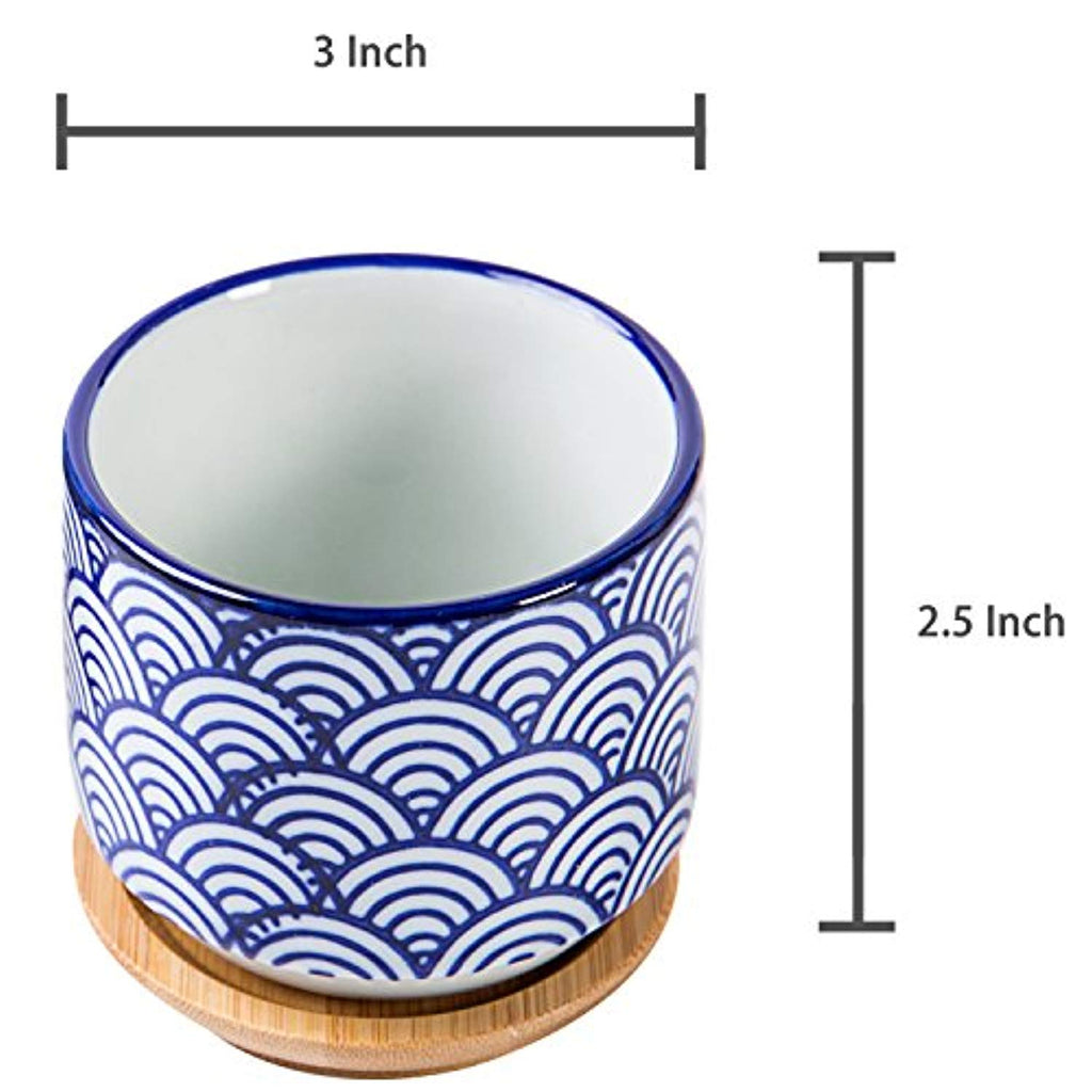 3-inch Japanese Style Ceramic Succulent Planter Pots with Bamboo Drip Tray, Set of 2