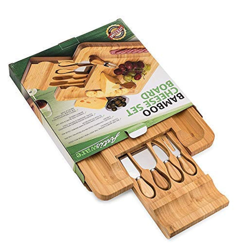 Bamboo Cheese Board Set with Cutlery in Slide-Out Drawer Including 4 Stainless Steel Serving Utensils - Perfect Charcuterie Board and Serving Tray for Entertaining or Gift Giving