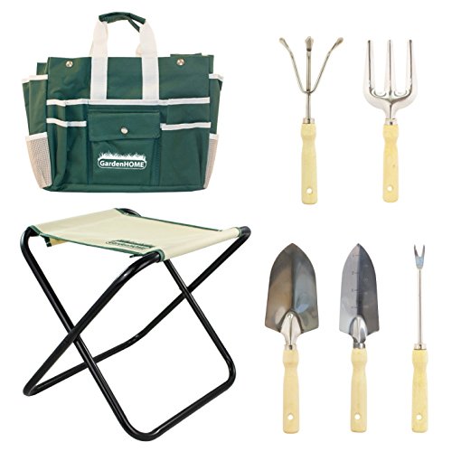 Folding Stool with Tool Bag and 5 Garden Tool Set