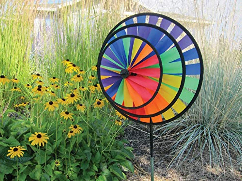 Rainbow Triple Wheel 13 or 14 inch Spinner- Ground Stake Included - Colorful Wind Spinner for your Yard and Garden