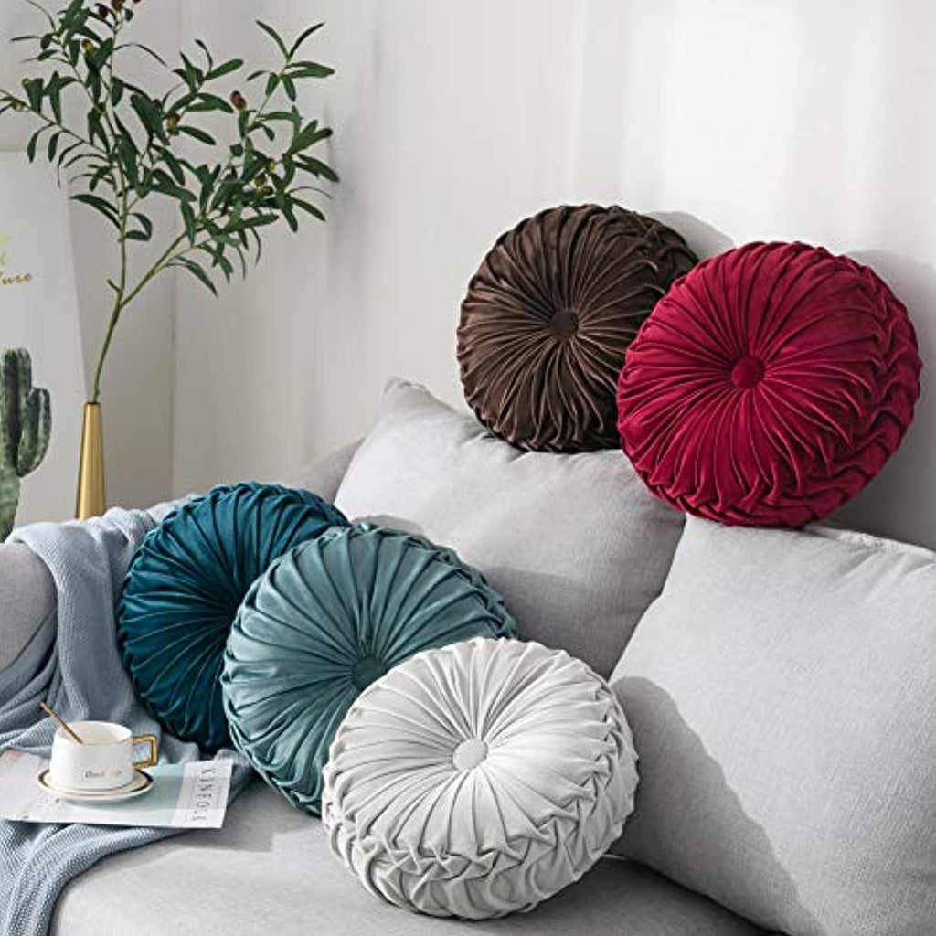 Velvet Pleated Round Pumpkin Throw Pillow Couch Cushion Floor Pillow for Sofa Chair Bed