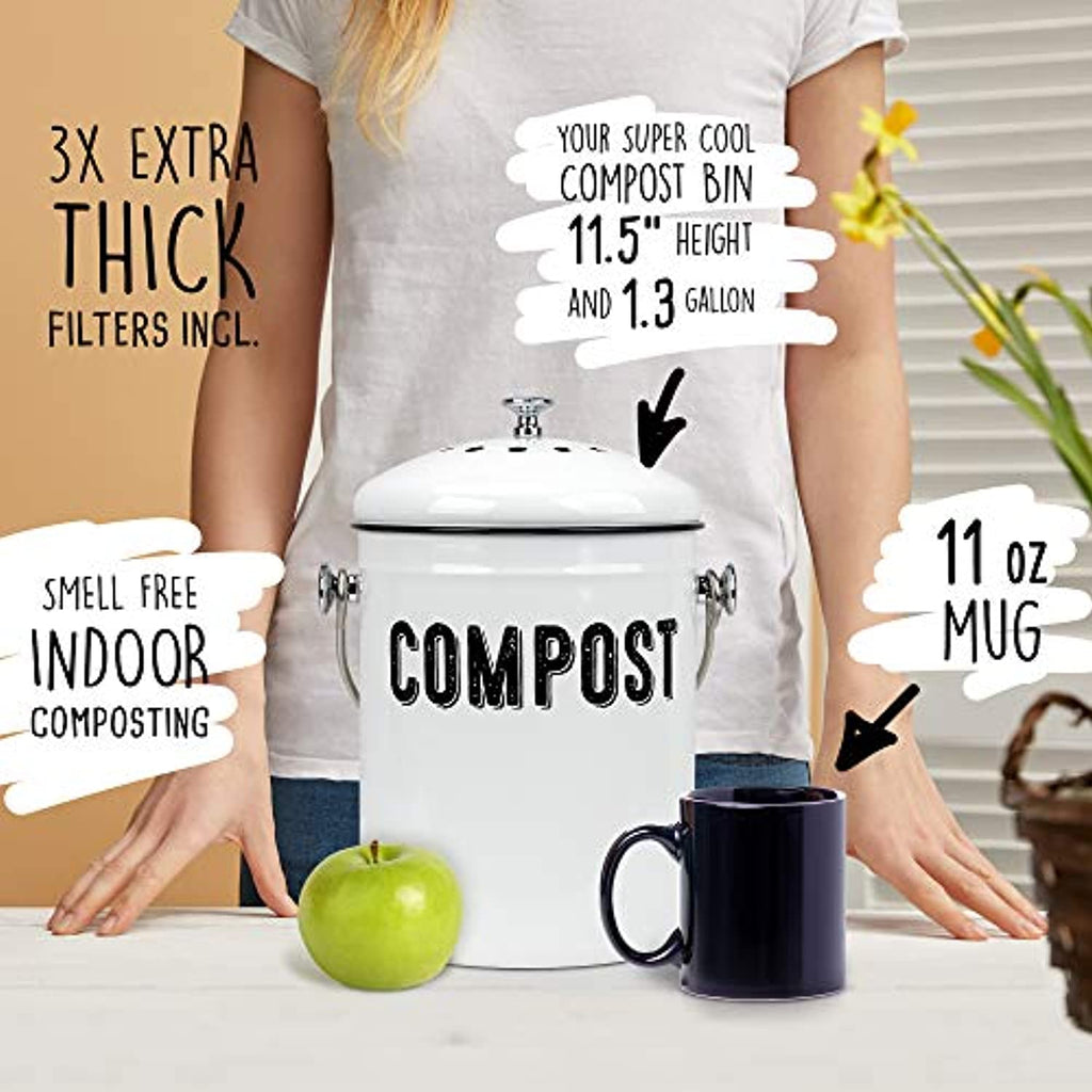  Gardeners Supply Company Compost Bin Kitchen Waste Countertop  Pail, Rustic Farmhouse Style Sturdy Metal Crock with Lid for Organic  Composting