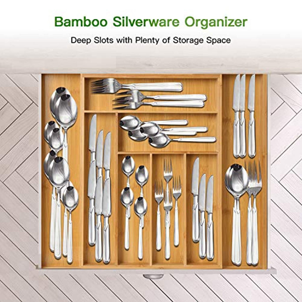 SpaceAid Bamboo Silverware Drawer Organizer with Labels, Kitchen Utensil  Expandable Tray Holder Organizer for Flatware, Cutlery, Spoon and Knives