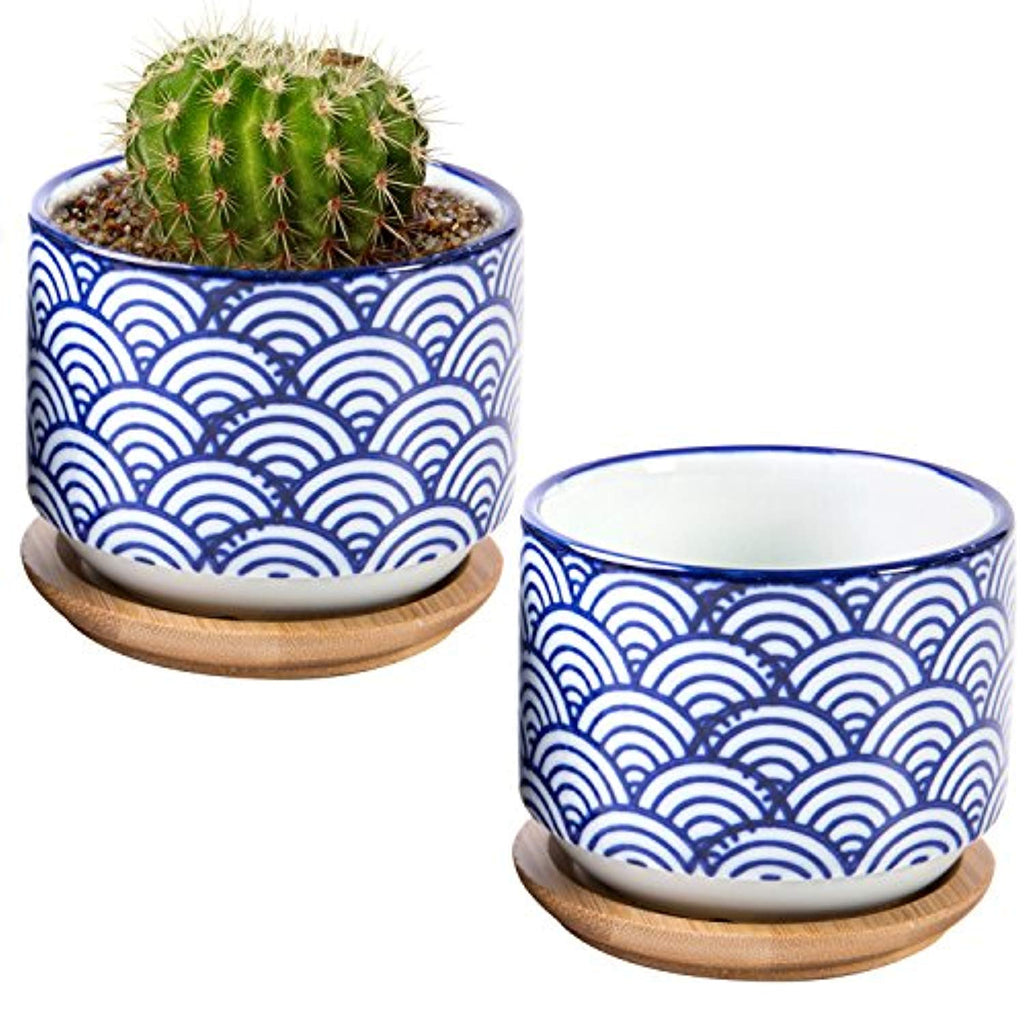 3-inch Japanese Style Ceramic Succulent Planter Pots with Bamboo Drip Tray, Set of 2