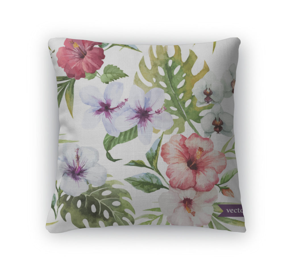 Throw Pillow, Watercolor Hibiscus Orchid White Palm Tropical Pattern Wallpaper