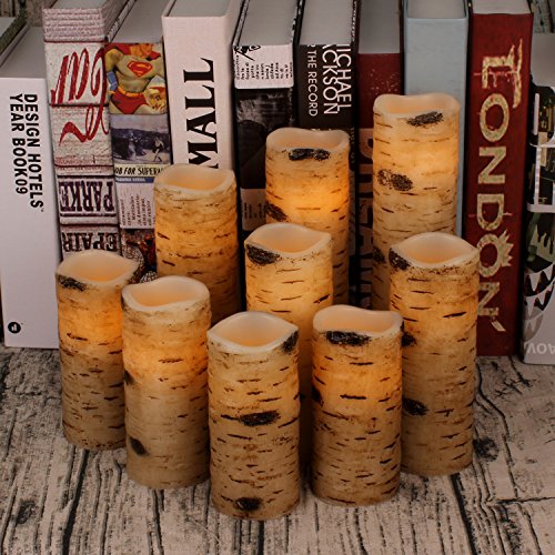 Flameless Candles Battery Operated Birch Bark Effect 4" 5" 6" 7" 8" 9" Set of 9