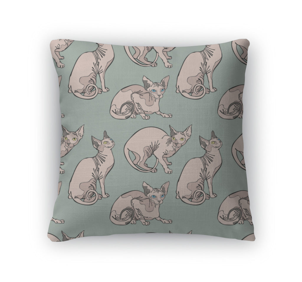 Throw Pillow, Cute Cats Hairless Naked Cats Sphynx Cats Pattern