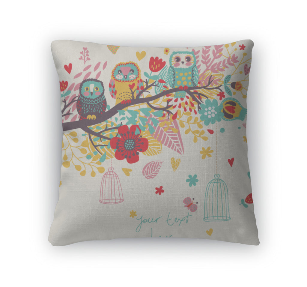 Throw Pillow, Funny Cartoon Illustration Trendy Card With Owls Sitting On The Brunches