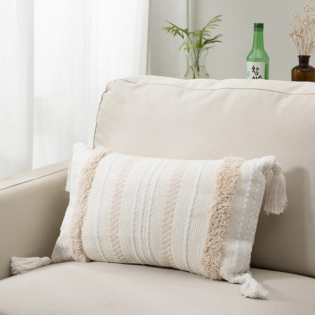 Boho Neutral Woven Tufted Fringed Pillow Cover