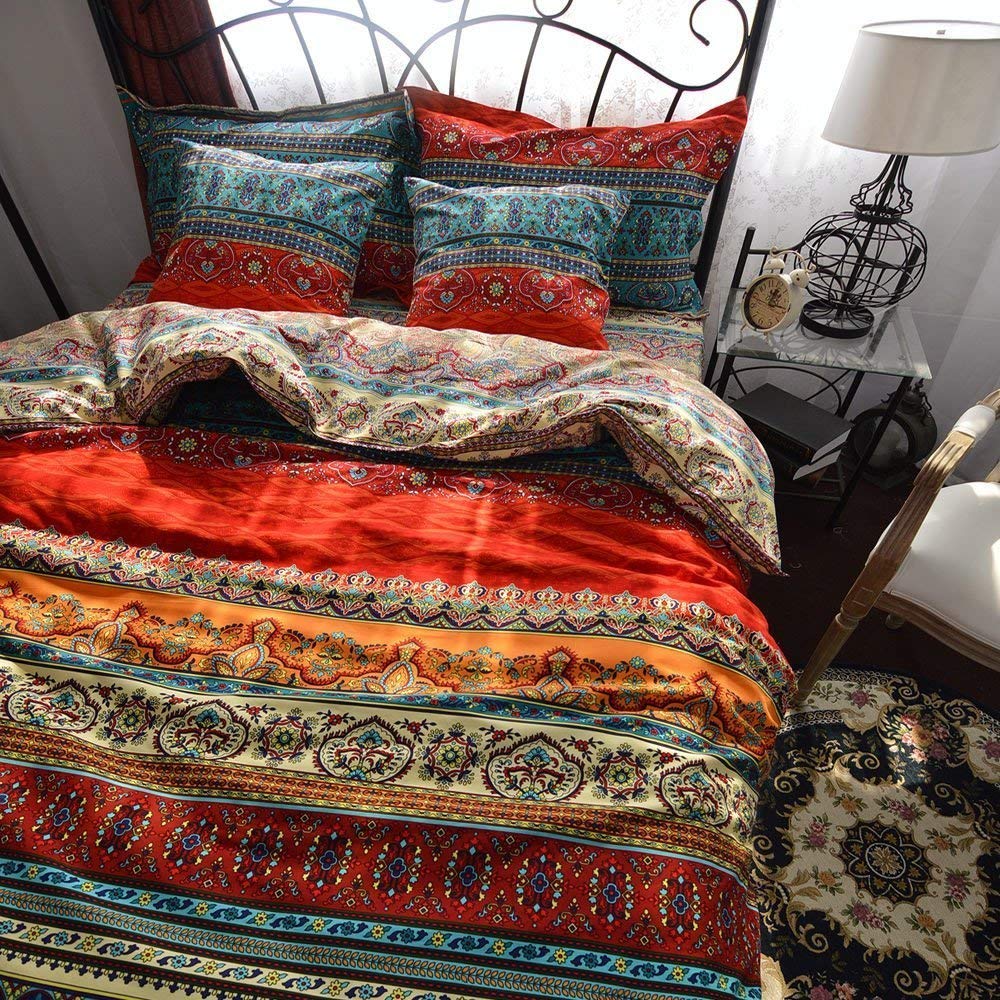 Raspberry Red Orange and Turquoise Indian Pattern Vintage Bohemian Chic  Western Style 100% Brushed Cotton Full, Queen Size Bedding Sets