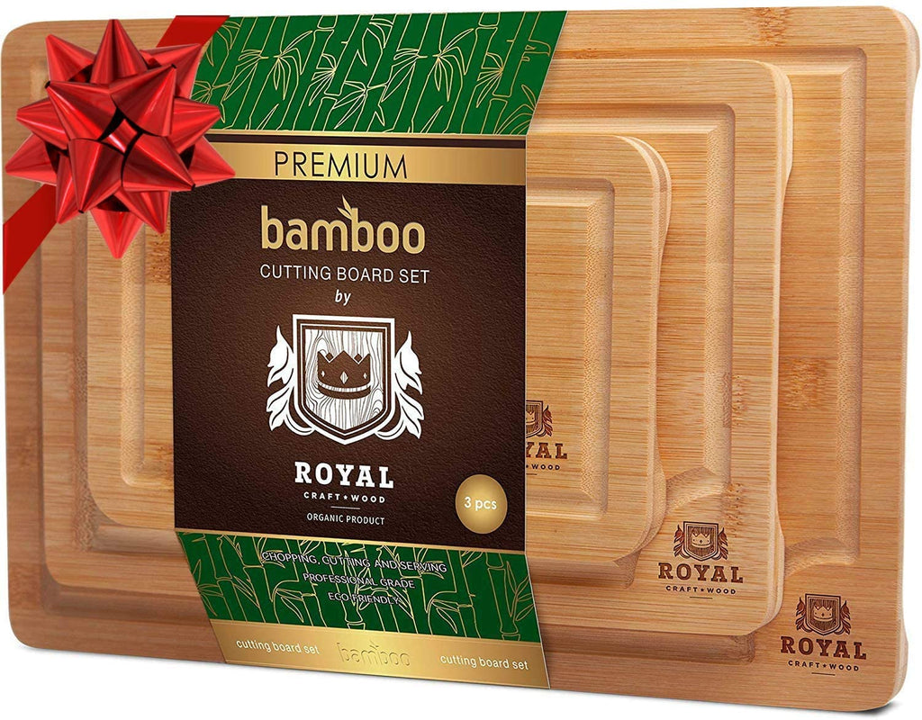 Organic Bamboo Cutting Board with Juice Groove singles or set - Best Kitchen Chopping Board for Meat (Butcher Block) Cheese and Vegetables | Anti Microbial Heavy Duty Serving Tray w/Handles