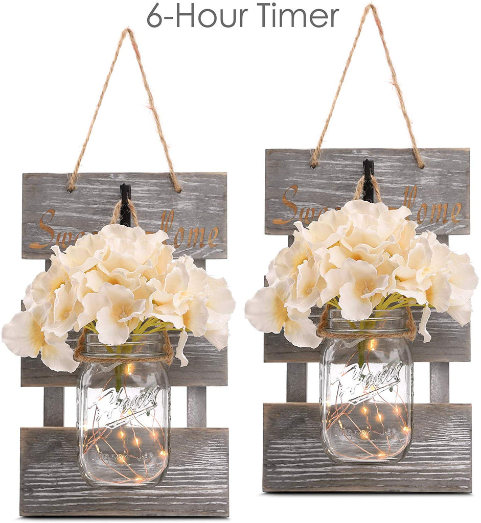 Decorative Mason Jar Wall Decor - with 6-Hour Timer LED Fairy Lights and Flowers - (Set of 2)