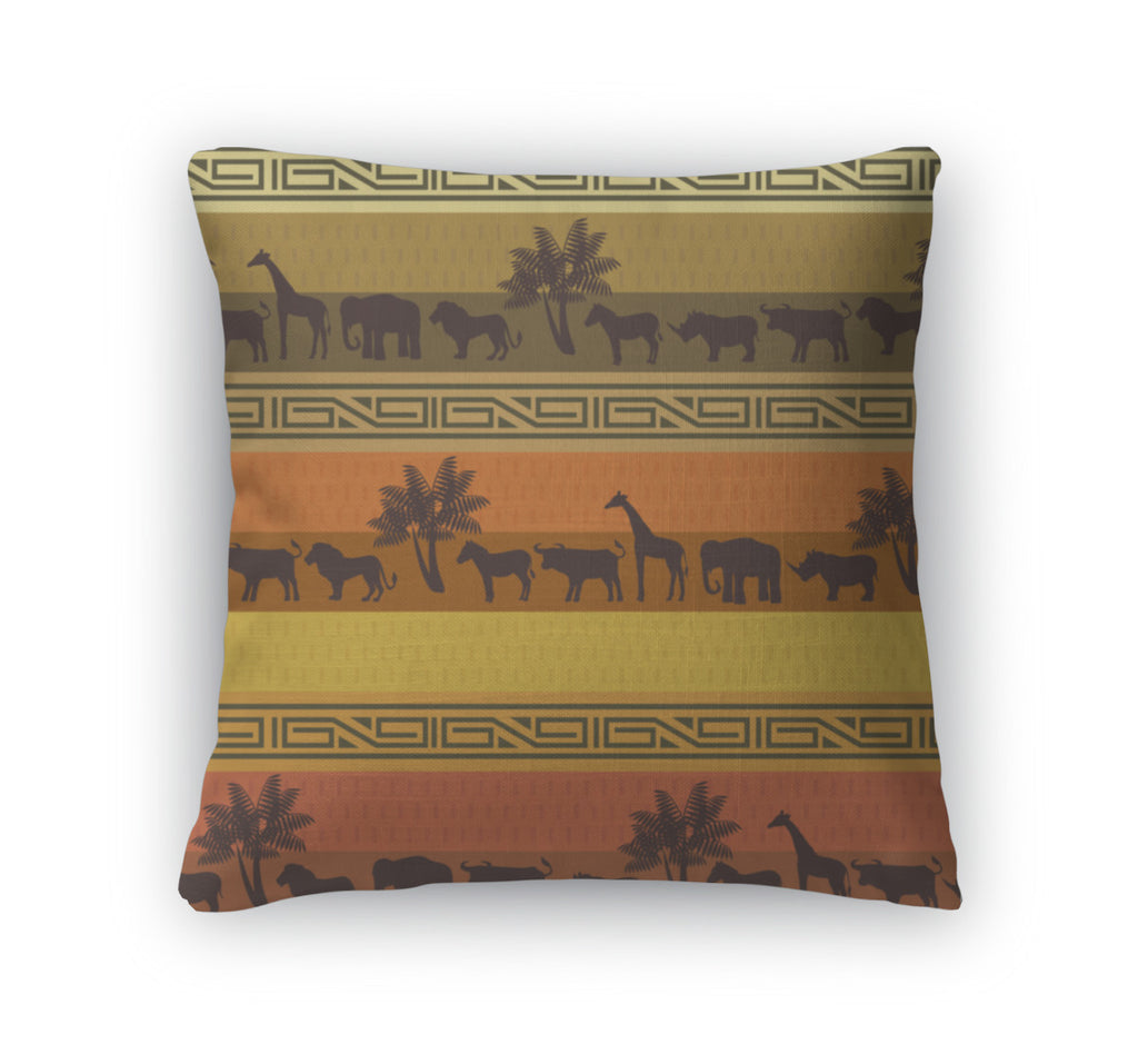 Throw Pillow, African Style With Wild Animals And Abstract Signs