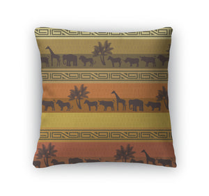 Throw Pillow, African Style With Wild Animals And Abstract Signs