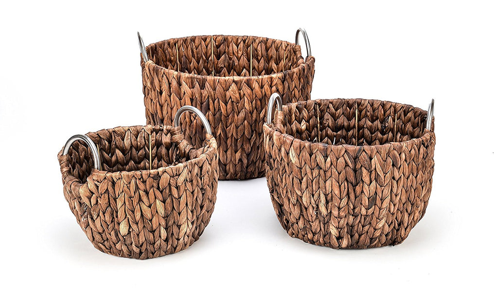 Set of 3 Round Hyacinth Baskets with Stainless Steel Handles-Rich Chocolate Finish