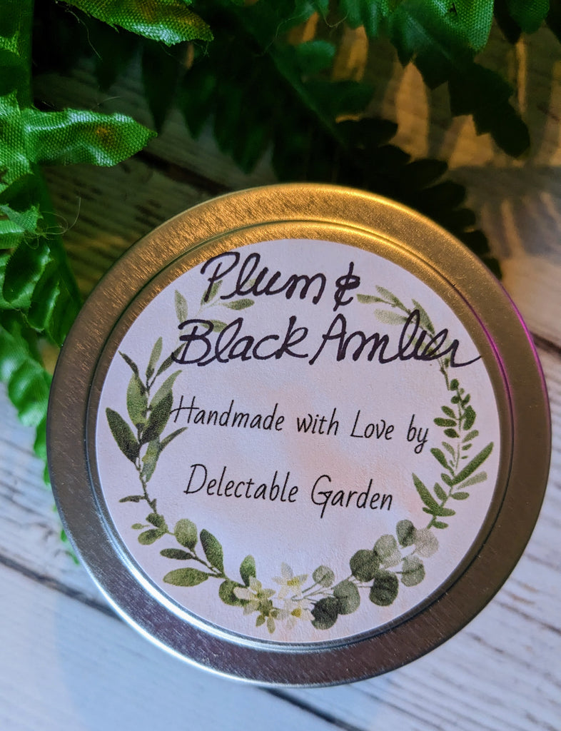 Plum and Black Amber All Natural Handmade Aromatherapy Soy Candle  with dried flowers by Delectable Garden - 4 oz. long-burning