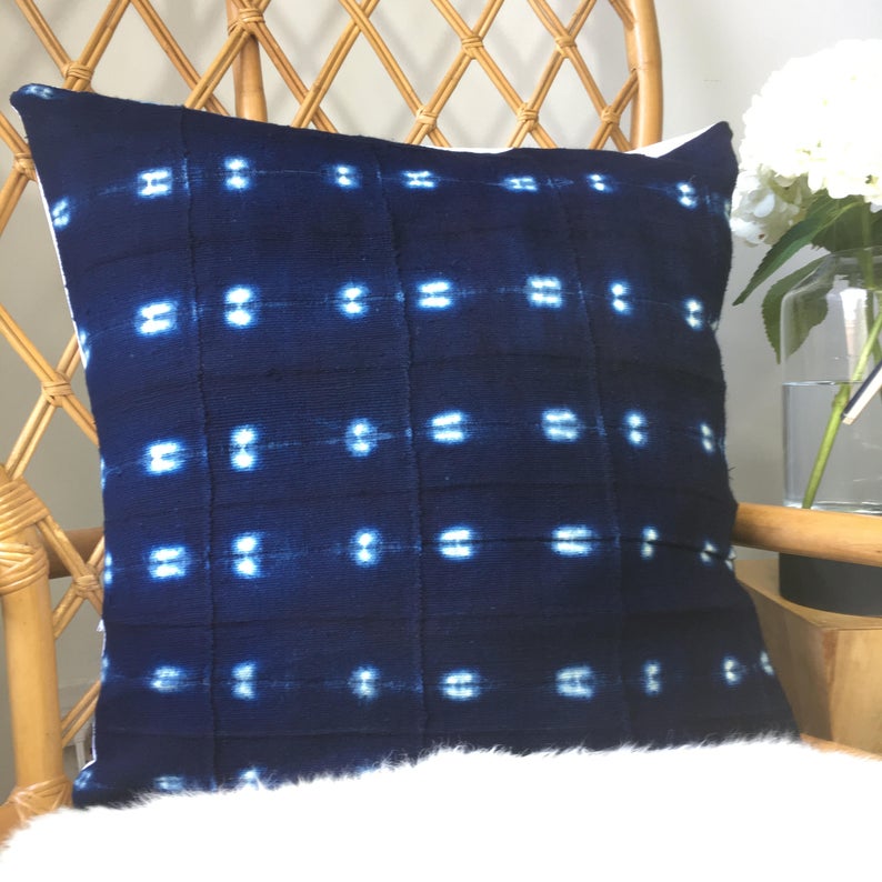 Amazing African Mudcloth Hand Stitched White & Black or Shibori Indigo Pillow Cover - 16"x16" - 20"x20" - 25"x25" - 16"x26" - also available
